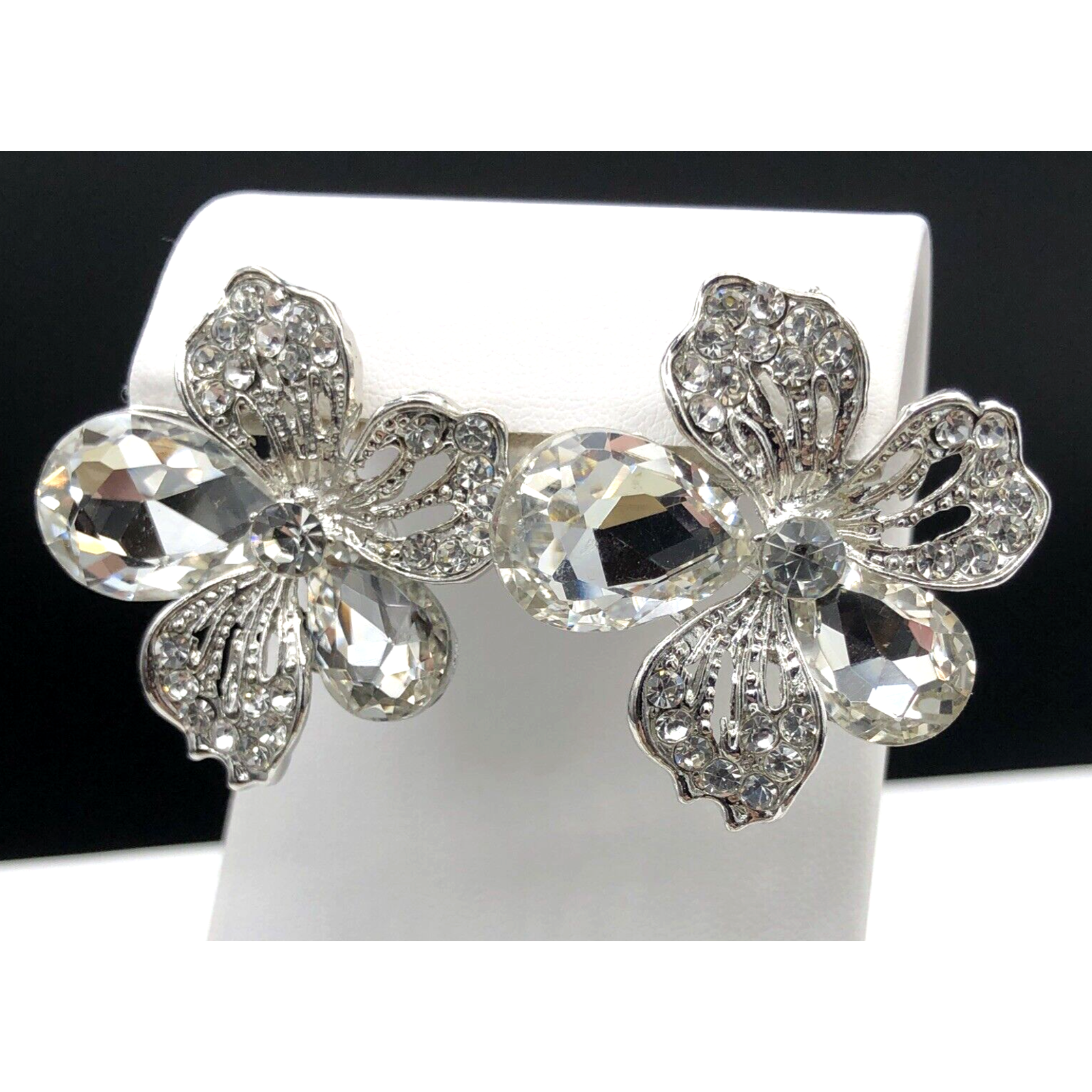 Rhinestone Flower Earrings Clear Crystal Silver Tone Statement Bridal Prom Studs